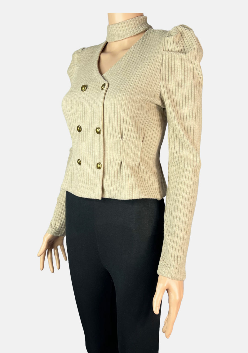 Stylites Slim Knit Cotton Gold Button Long Sleeve Blouse with Turtle Neck