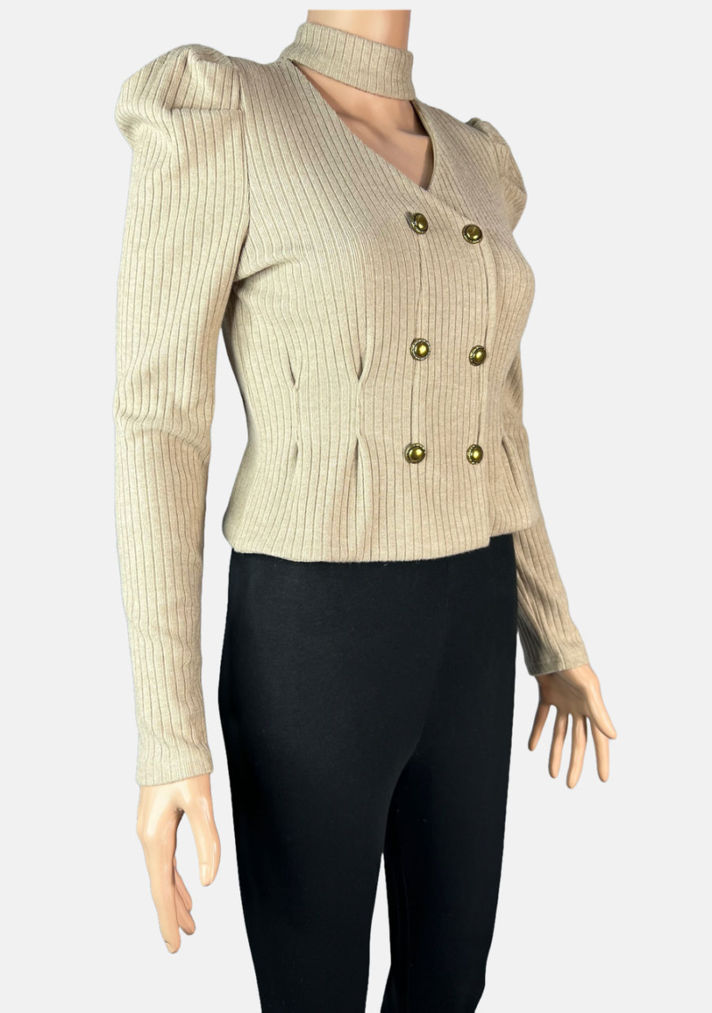 Stylites Slim Knit Cotton Gold Button Long Sleeve Blouse with Turtle Neck