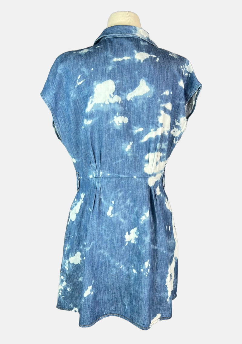 Stylites Tie-Dye V-Neck Soft Denim Print Sleeveless Short Dress with Collar