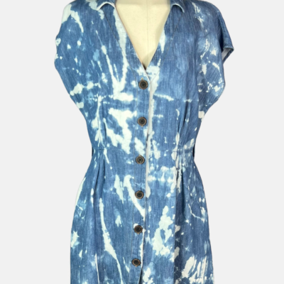 Stylites Tie-Dye V-Neck Soft Denim Print Sleeveless Short Dress with Collar