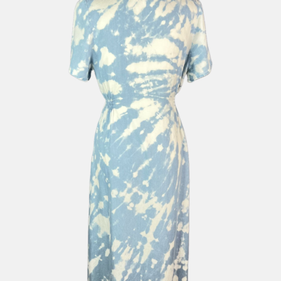 Stylites Tie-Dye V-Neck Light Denim Print Short Sleeve Midi Dress with Collar