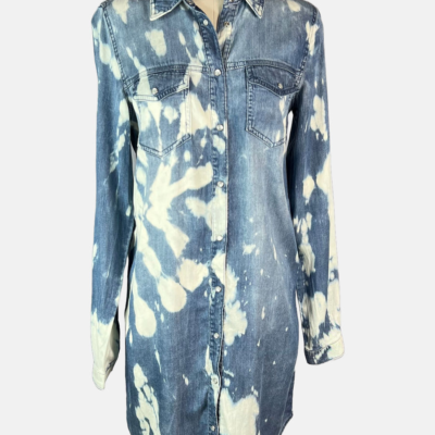 Stylites Tie-Dye Light Denim Print Long Sleeve Short Dress with Collar