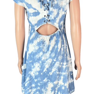 Stylites Tie-Dye V-Neck Light Denim Print Short Sleeve Dress with Back Strings