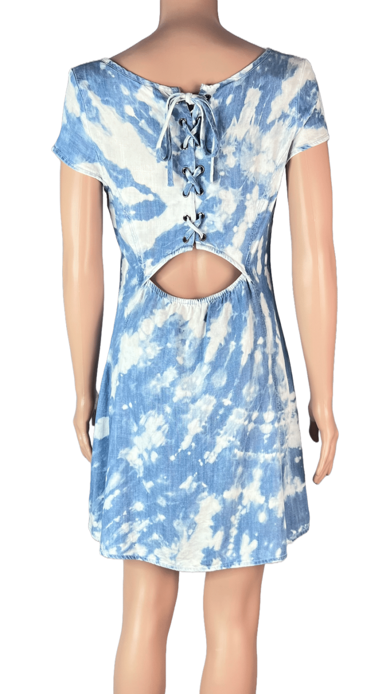 Stylites Tie-Dye V-Neck Light Denim Print Short Sleeve Dress with Back Strings