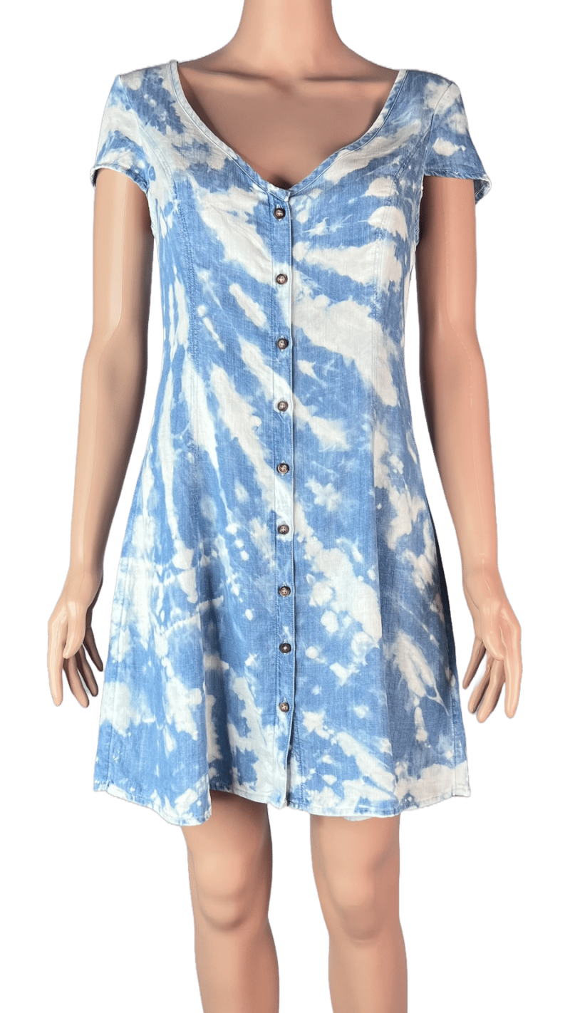 Stylites Tie-Dye V-Neck Light Denim Print Short Sleeve Dress with Back Strings