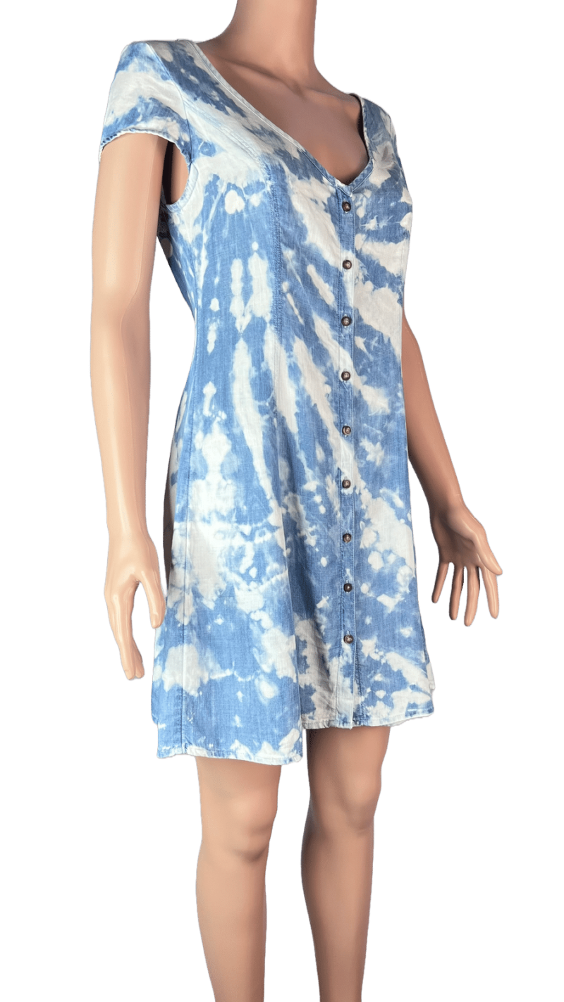 Stylites Tie-Dye V-Neck Light Denim Print Short Sleeve Dress with Back Strings