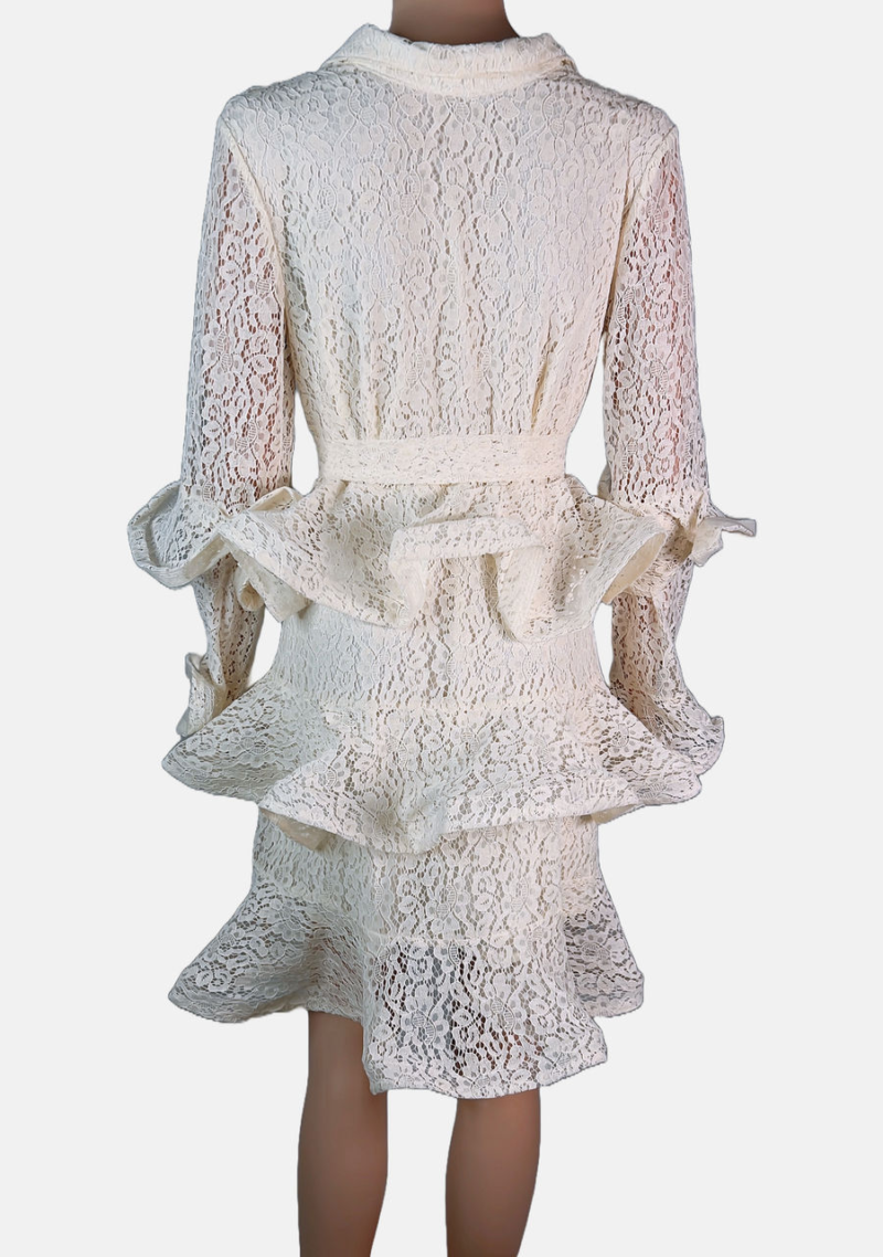 Stylites Zimmerman Inspired Tama Tiered Lace Ruffles Long Sleeve Short Dress with Cloth Belt