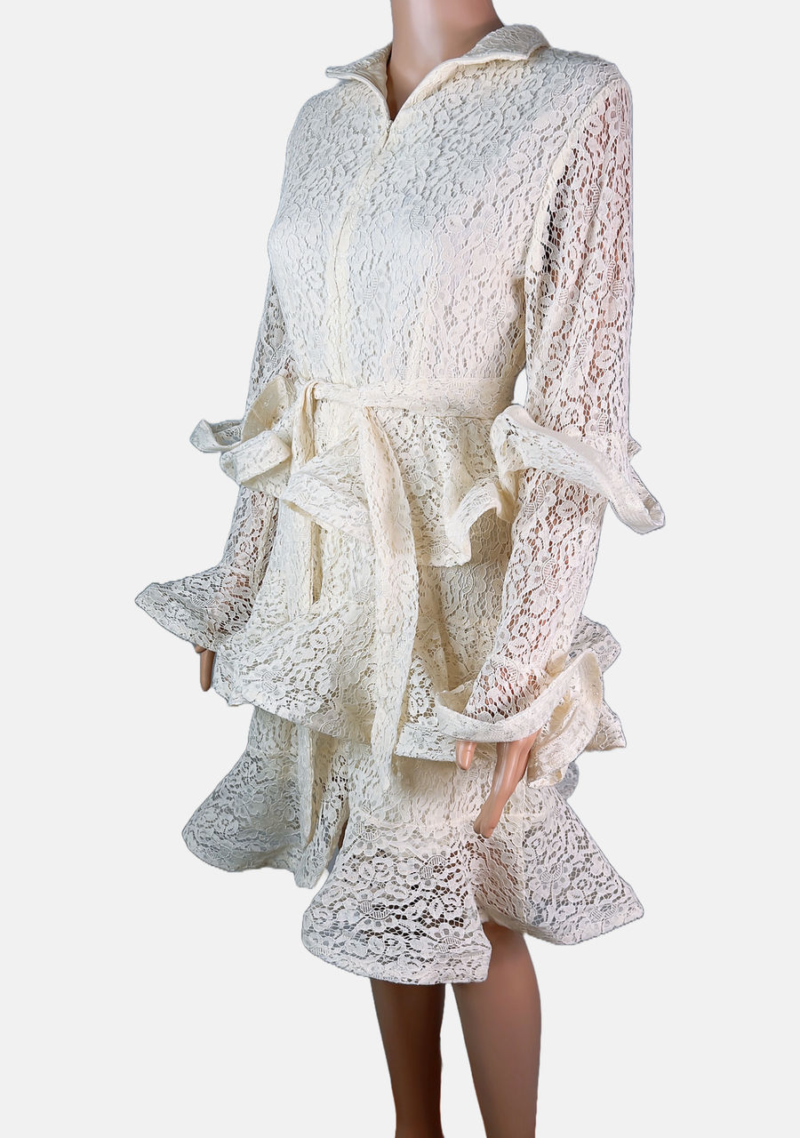 Stylites Zimmerman Inspired Tama Tiered Lace Ruffles Long Sleeve Short Dress with Cloth Belt