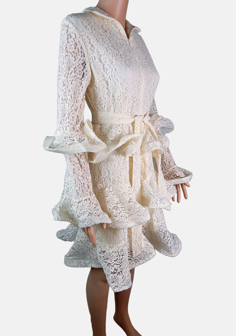 Stylites Zimmerman Inspired Tama Tiered Lace Ruffles Long Sleeve Short Dress with Cloth Belt