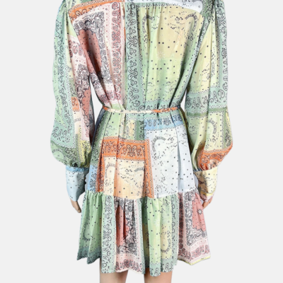 Stylites Zimmerman Inspired Bohemian Print Patchwork Long Sleeve Mini Dress with Camisole and String Belt