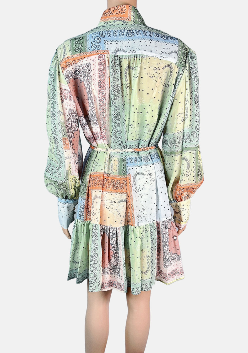 Stylites Zimmerman Inspired Bohemian Print Patchwork Long Sleeve Mini Dress with Camisole and String Belt