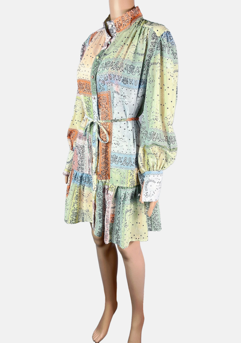 Stylites Zimmerman Inspired Bohemian Print Patchwork Long Sleeve Mini Dress with Camisole and String Belt