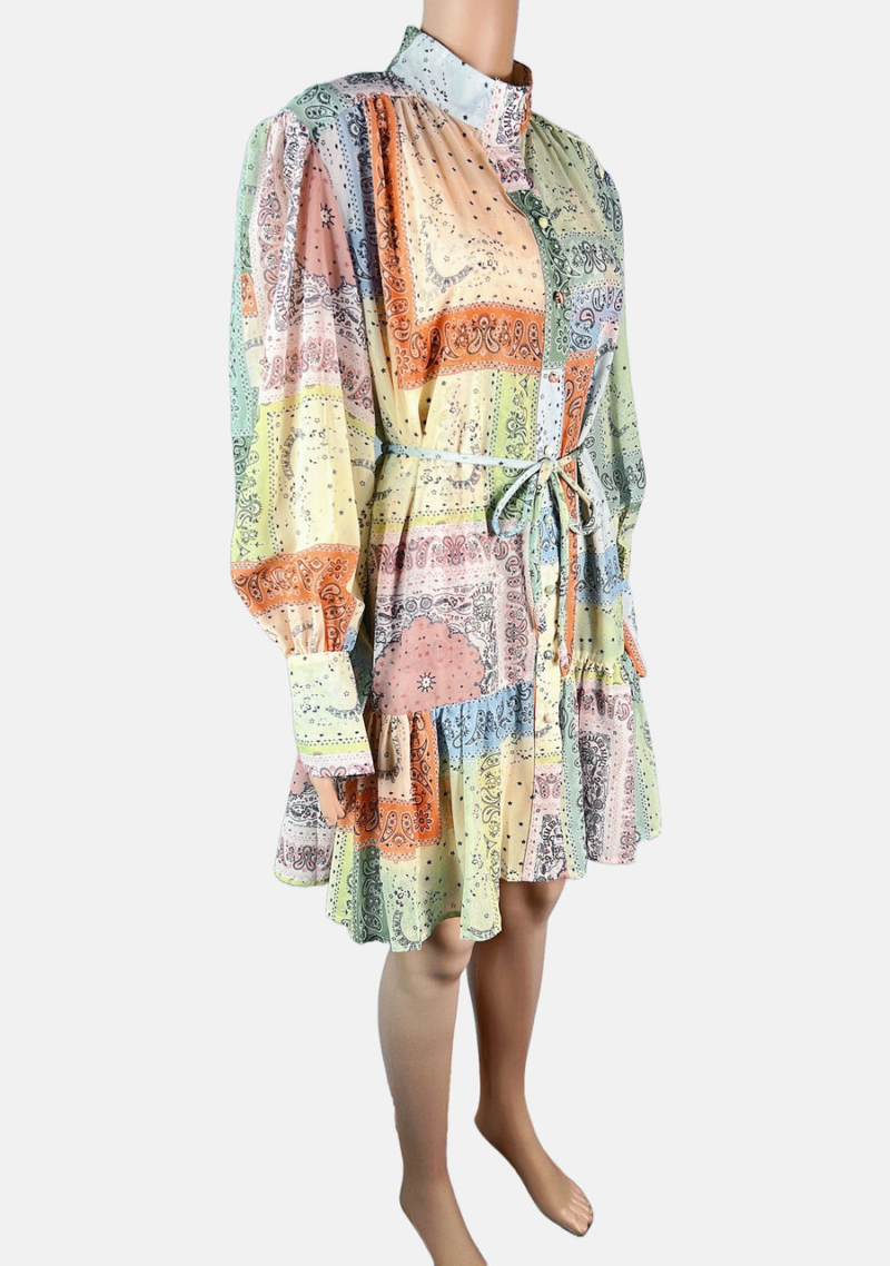 Stylites Zimmerman Inspired Bohemian Print Patchwork Long Sleeve Mini Dress with Camisole and String Belt