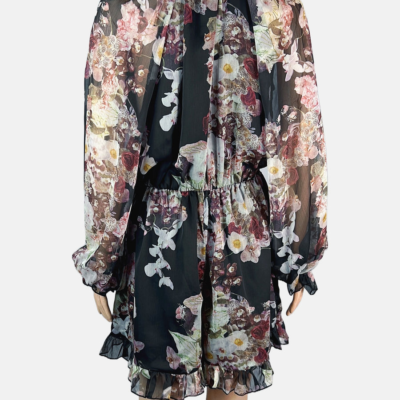 Stylites Flower Print Silk Long Sleeve with Neck Flower Cut-outs Jumpsuit Short Dress