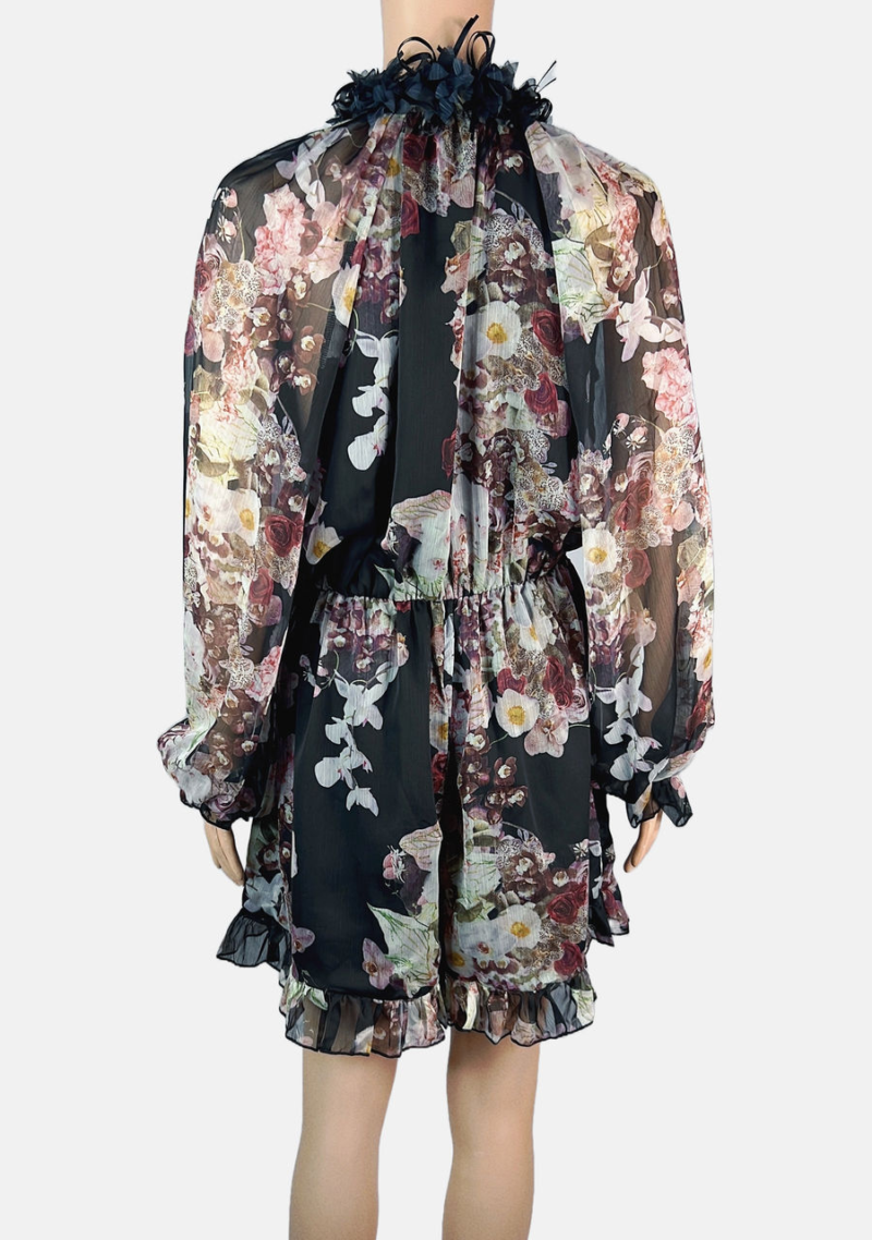 Stylites Flower Print Silk Long Sleeve with Neck Flower Cut-outs Jumpsuit Short Dress