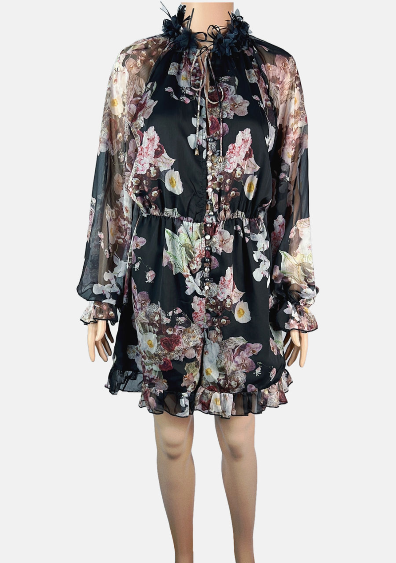 Stylites Flower Print Silk Long Sleeve with Neck Flower Cut-outs Jumpsuit Short Dress