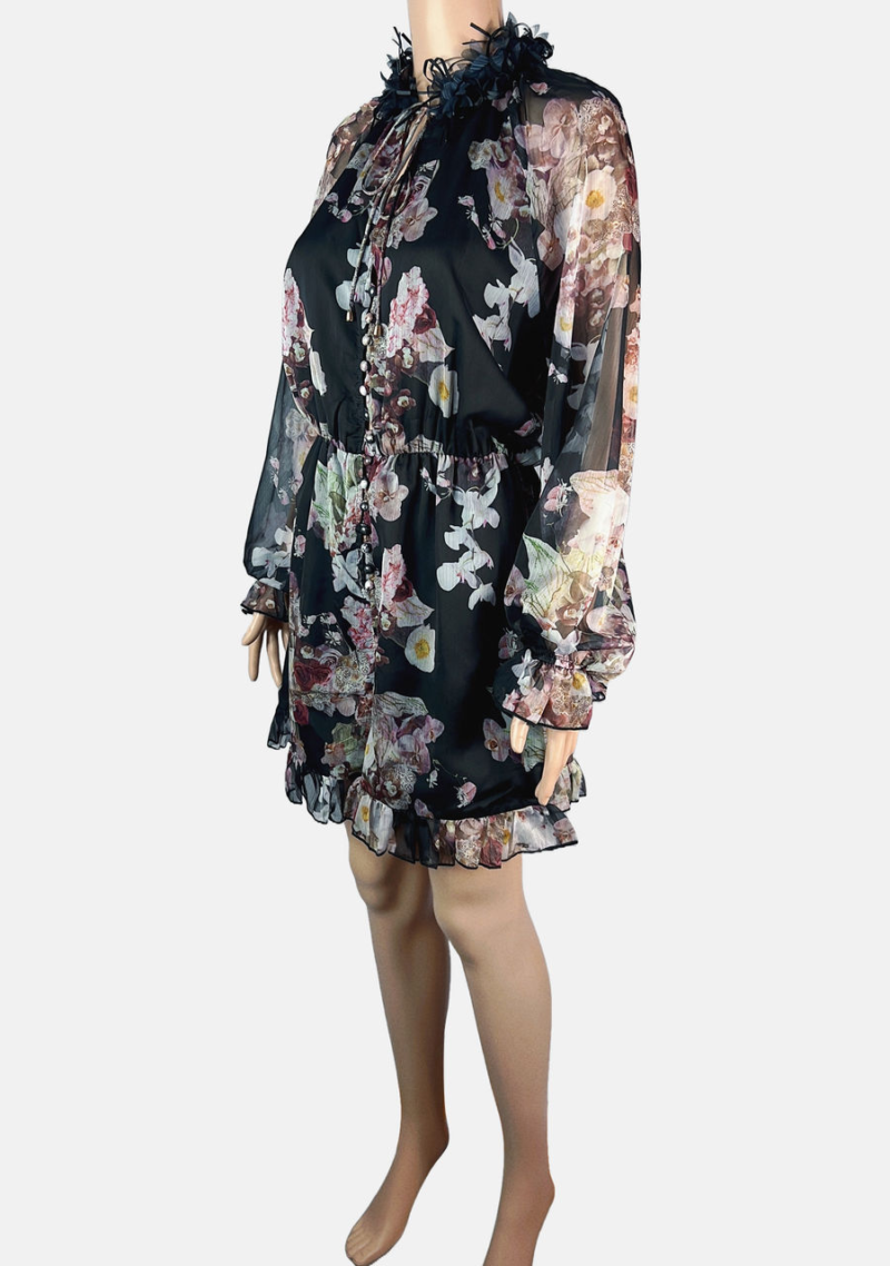 Stylites Flower Print Silk Long Sleeve with Neck Flower Cut-outs Jumpsuit Short Dress