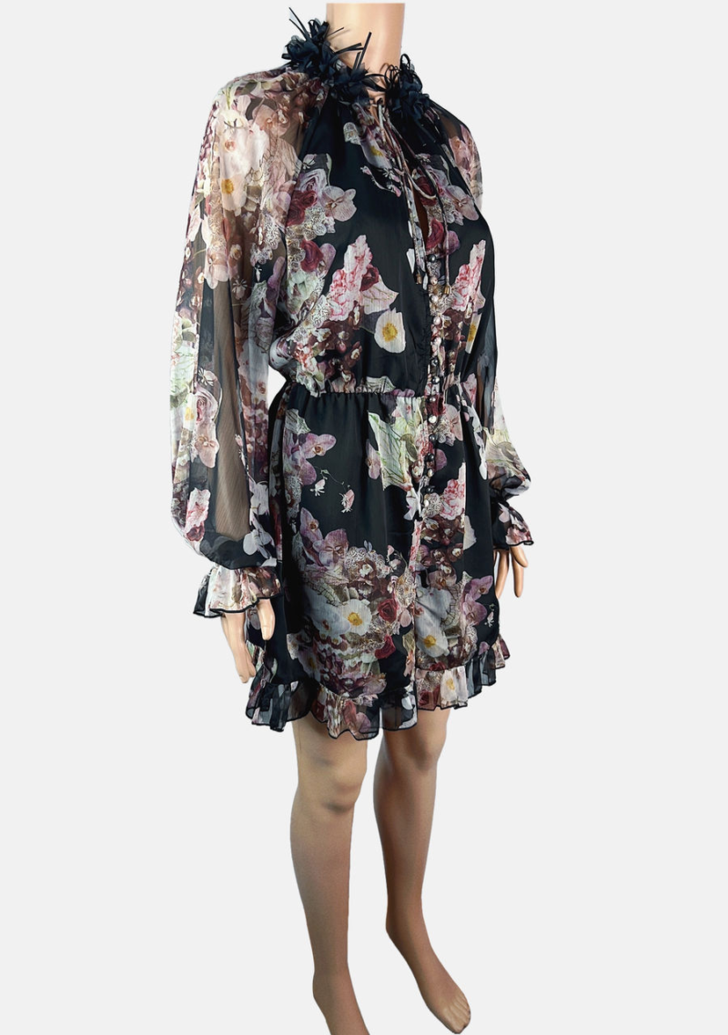 Stylites Flower Print Silk Long Sleeve with Neck Flower Cut-outs Jumpsuit Short Dress