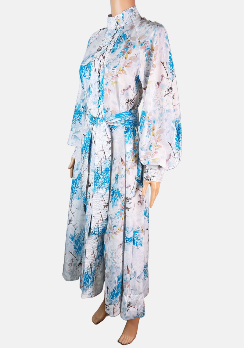 Stylites Floral Pattern High Neck Lantern Long Sleeves Maxi Long Dress