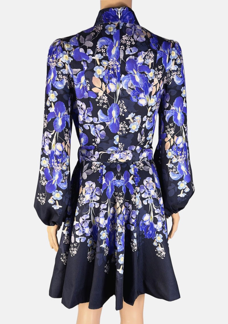 Stylites Floral Print Design Flower Decorative Button-Front Lantern Long Sleeve Mini Dress with Matching Belt