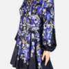 Stylites Floral Print Design Flower Decorative Button-Front Lantern Long Sleeve Mini Dress with Matching Belt