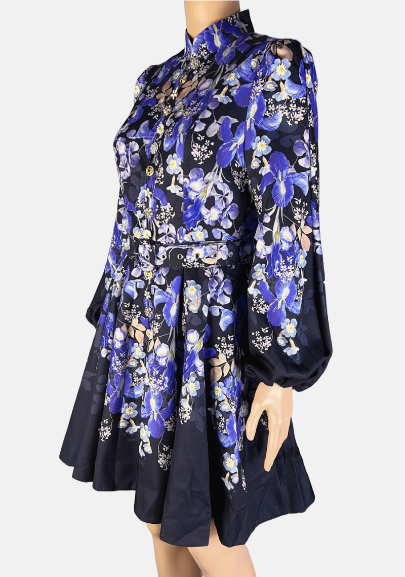 Stylites Floral Print Design Flower Decorative Button-Front Lantern Long Sleeve Mini Dress with Matching Belt