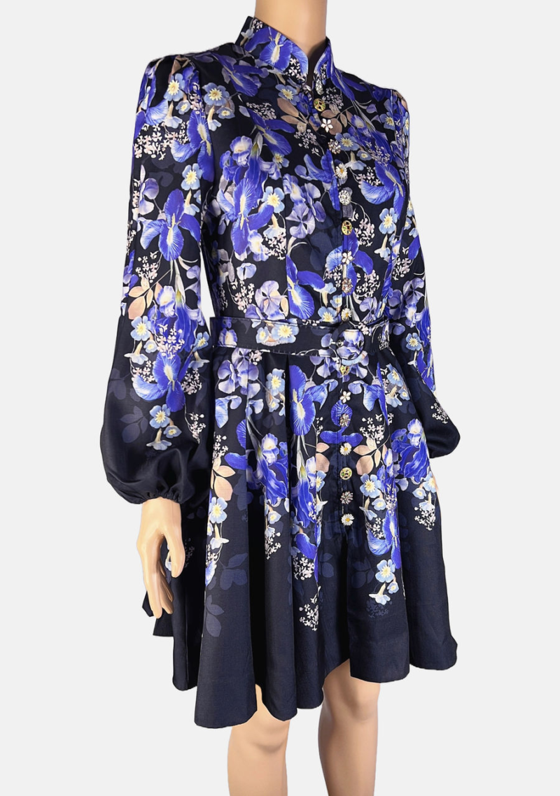 Stylites Floral Print Design Flower Decorative Button-Front Lantern Long Sleeve Mini Dress with Matching Belt