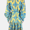 Stylites Retro Vintage Print Design Pearl Front-Button Lantern Long Sleeve Short Dress with Belt