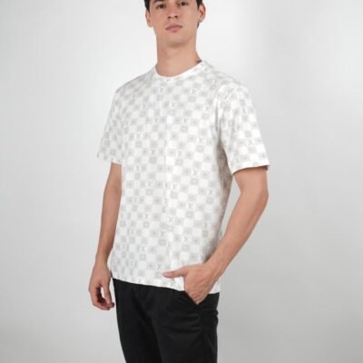 Stylites Louis Vuitton Round Neck Shirt with Checkered White and Gray Squares and LV Logos