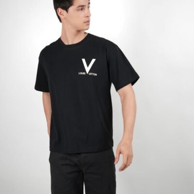 Stylites Louis Vuitton Round Neck Shirt with "Louis Vuitton" Front Left Chest Print and Big White "V" Text and LV Image at the Back