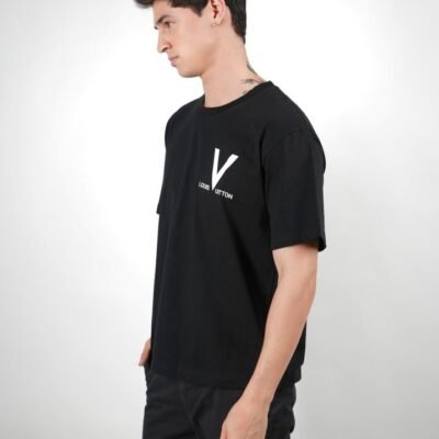 Stylites Louis Vuitton Round Neck Shirt with "Louis Vuitton" Front Left Chest Print and Big White "V" Text and LV Image at the Back