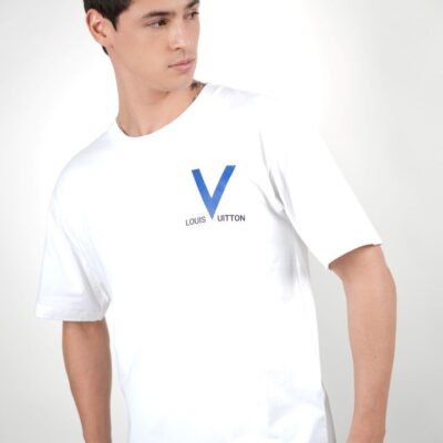 Stylites Louis Vuitton Round Neck Shirt with "Louis Vuitton" Front Left Chest Print and Big Blue "V" Text and LV Image at the Back