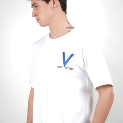 Stylites Louis Vuitton Round Neck Shirt with "Louis Vuitton" Front Left Chest Print and Big Blue "V" Text and LV Image at the Back