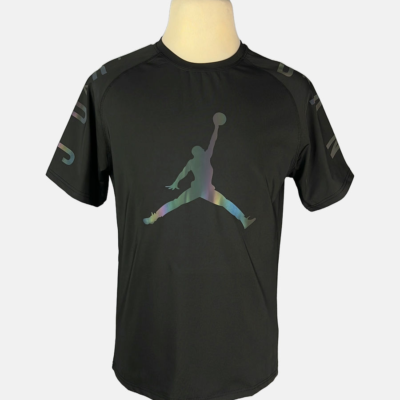 Stylites Nike Round Neck Shirt with Semi-Reflecting Dark Purple-Green Chrome Air Jordan Logo Front Print and "AIR JORDAN" Text on Sleeves