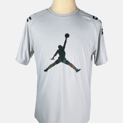 Stylites Nike Round Neck Shirt with Semi-Reflecting Dark Purple-Green Chrome Air Jordan Logo Front Print and "AIR JORDAN" Text on Sleeves