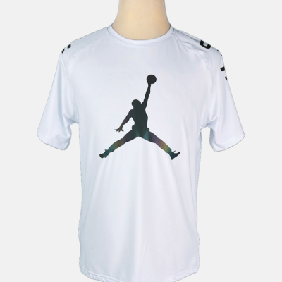 Stylites Nike Round Neck Shirt with Semi-Reflecting Dark Purple-Green Chrome Air Jordan Logo Front Print and "AIR JORDAN" Text on Sleeves