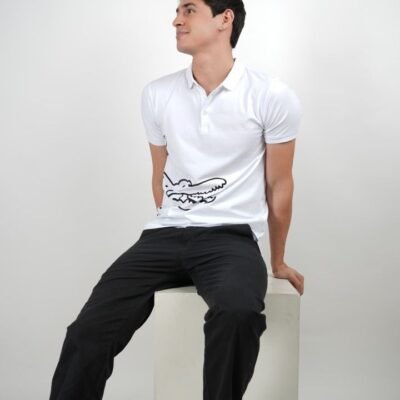 Stylites Lacoste Button Polo Shirt with Black Crocodile Lower Front Print