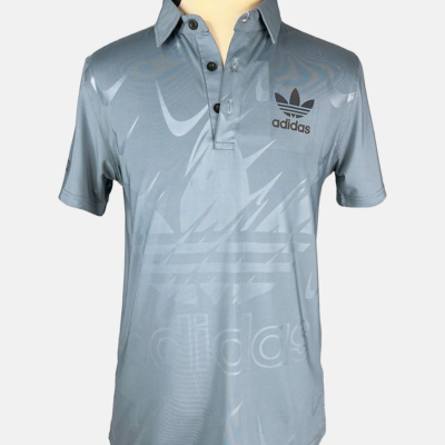 Stylites Adidas Button Polo Shirt with Semi Reflecting Dark Purple-Green Chrome Adidas (3-Leaves) Logo Print on Left Chest