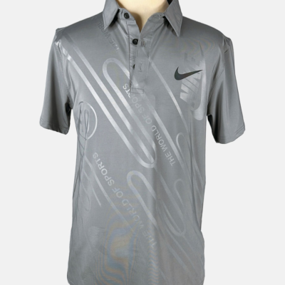 Stylites Nike Button Polo Shirt with Dark Purple-Green Chrome Nike Logo on Left Chest and  "The World of Sports"  & "90" Texts  and Gray Sillhouettes Front Print