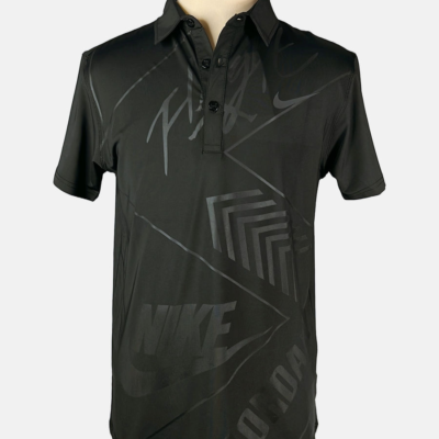 Stylites Nike Button Polo Shirt with Dark Purple-Green Chrome Nike Logo on Left Chest and  Nike Logo "Flight" Text and Arrows and Lines Sillhouettes Front Print