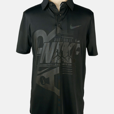 Stylites Nike Button Polo Shirt with Dark Purple-Green Chrome Nike Logo on Left Chest and Air Nike Logo and "FOOT BALL PARIS MESSI" Text Sillhouettes Front Print and Purple Chrome Text "NIKE PRO" on Right Sleeve