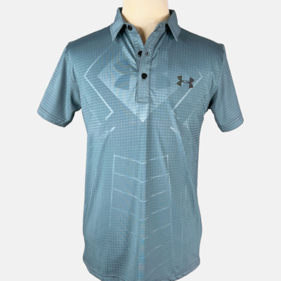 Stylites Under Armor Small Rectangular Checkered Design Button Polo Shirt with Dark Purple-Green Under Armor Logo on Left Chest and a Big Under Armor Logo Sillhouette Front Print