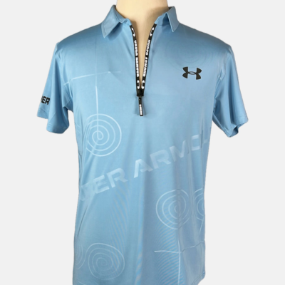 Stylites Under Armor Zip Up Polo Shirt with Black Under armor Logo on Left Chest and a "UNDER ARMOR" Text and Circular Loops Sillhouette Front Print