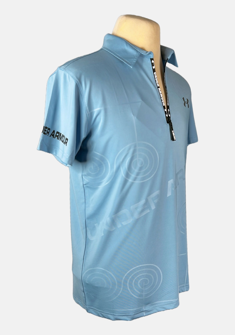 Stylites Under Armor Zip Up Polo Shirt with Black Under armor Logo on Left Chest and a "UNDER ARMOR" Text and Circular Loops Sillhouette Front Print