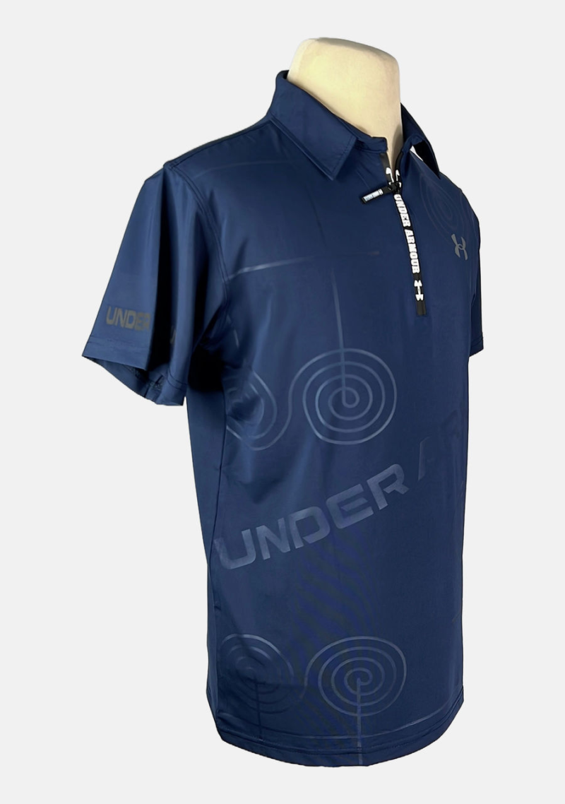 Stylites Under Armor Zip Up Polo Shirt with Black Under armor Logo on Left Chest and a "UNDER ARMOR" Text and Circular Loops Sillhouette Front Print