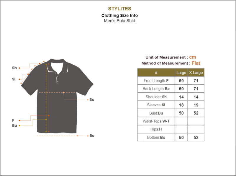 Stylites Under Armor Button Polo Shirt with Silver Under Armor Logo on Left Chest  and Under Armor Logo and Text and Arrows Sillhouette Front Print Size Chart