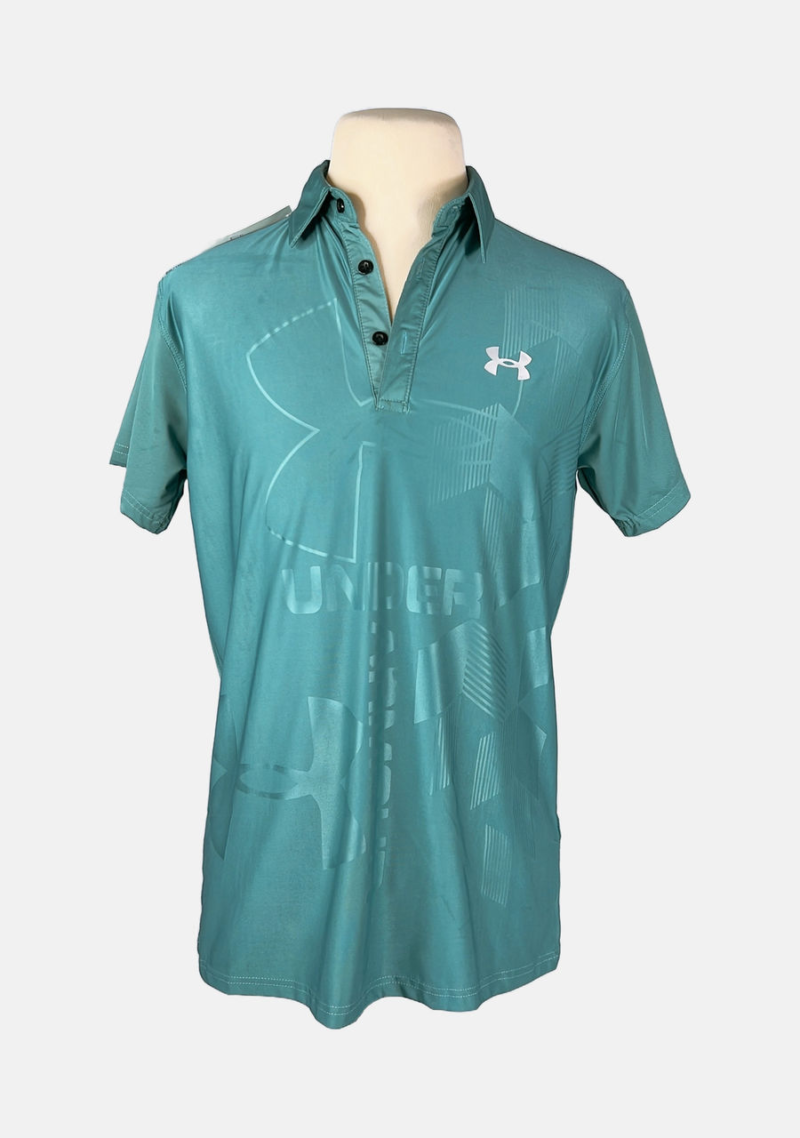 Stylites Under Armor Button Polo Shirt with Silver Under Armor Logo on Left Chest  and Under Armor Logo and Text and Arrows Sillhouette Front Print