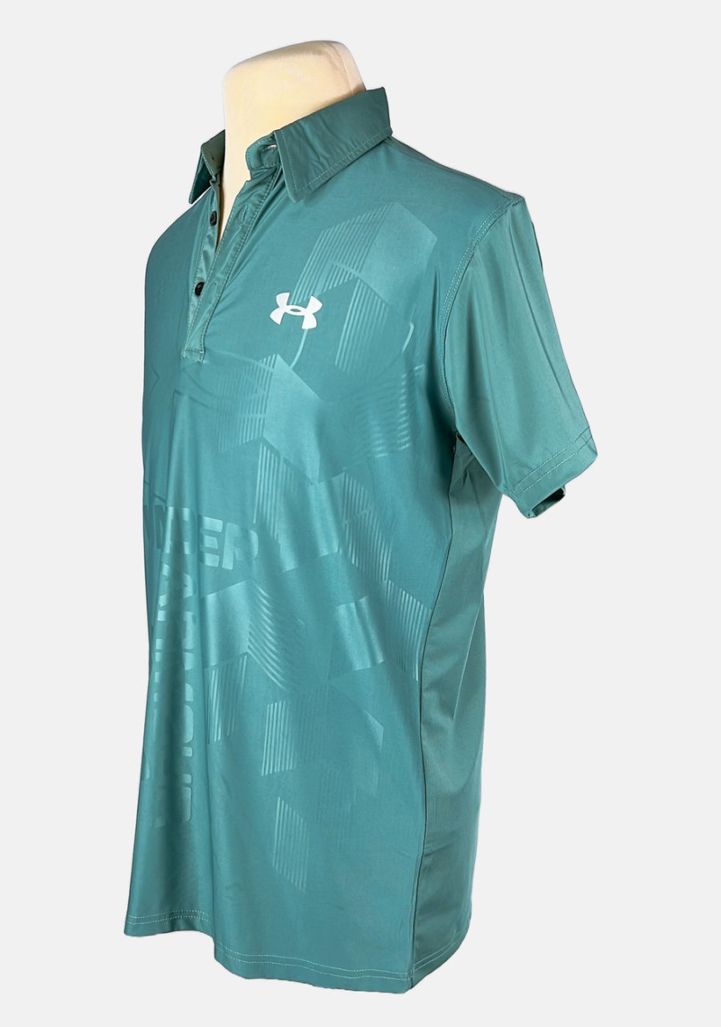 Stylites Under Armor Button Polo Shirt with Silver Under Armor Logo on Left Chest  and Under Armor Logo and Text and Arrows Sillhouette Front Print