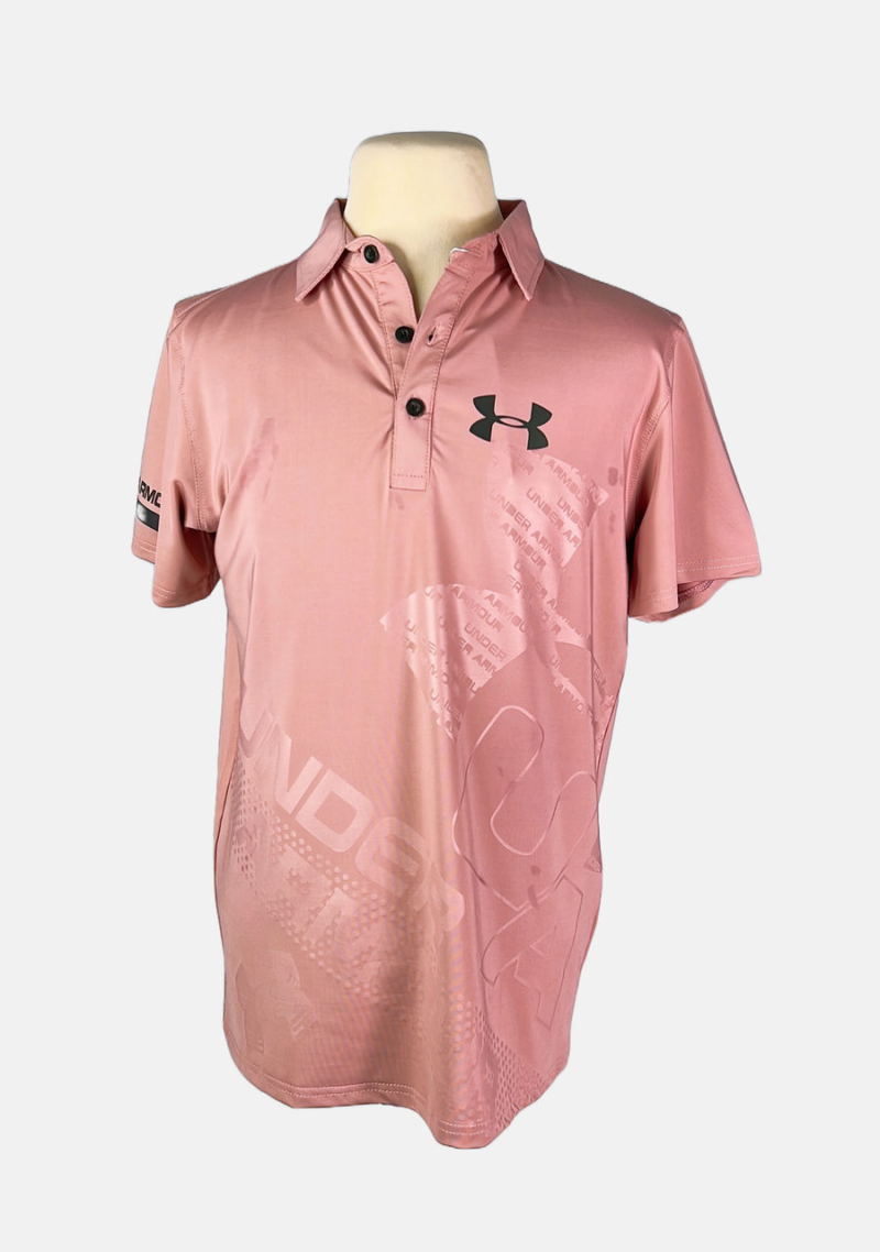 Stylites Under Armor Button Polo Shirt with Dark Green Under Armor Logo  on Left Chest  and "Under Armor" Text  Under Armor Logo  Big "UA" Outline SIllhoute Front Print Size Chart