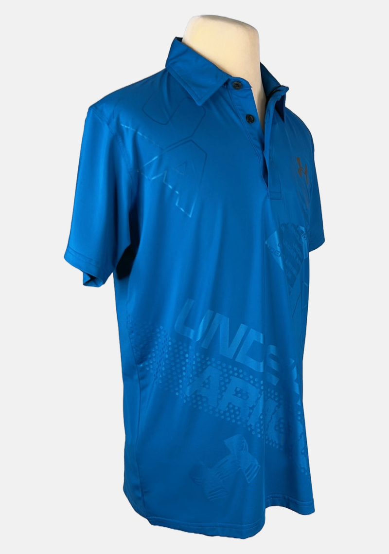 Stylites Under Armor Button Polo Shirt with Dark Green Under Armor Logo  on Left Chest  and "Under Armor" Text  Under Armor Logo  Big "UA" Outline SIllhoute Front Print